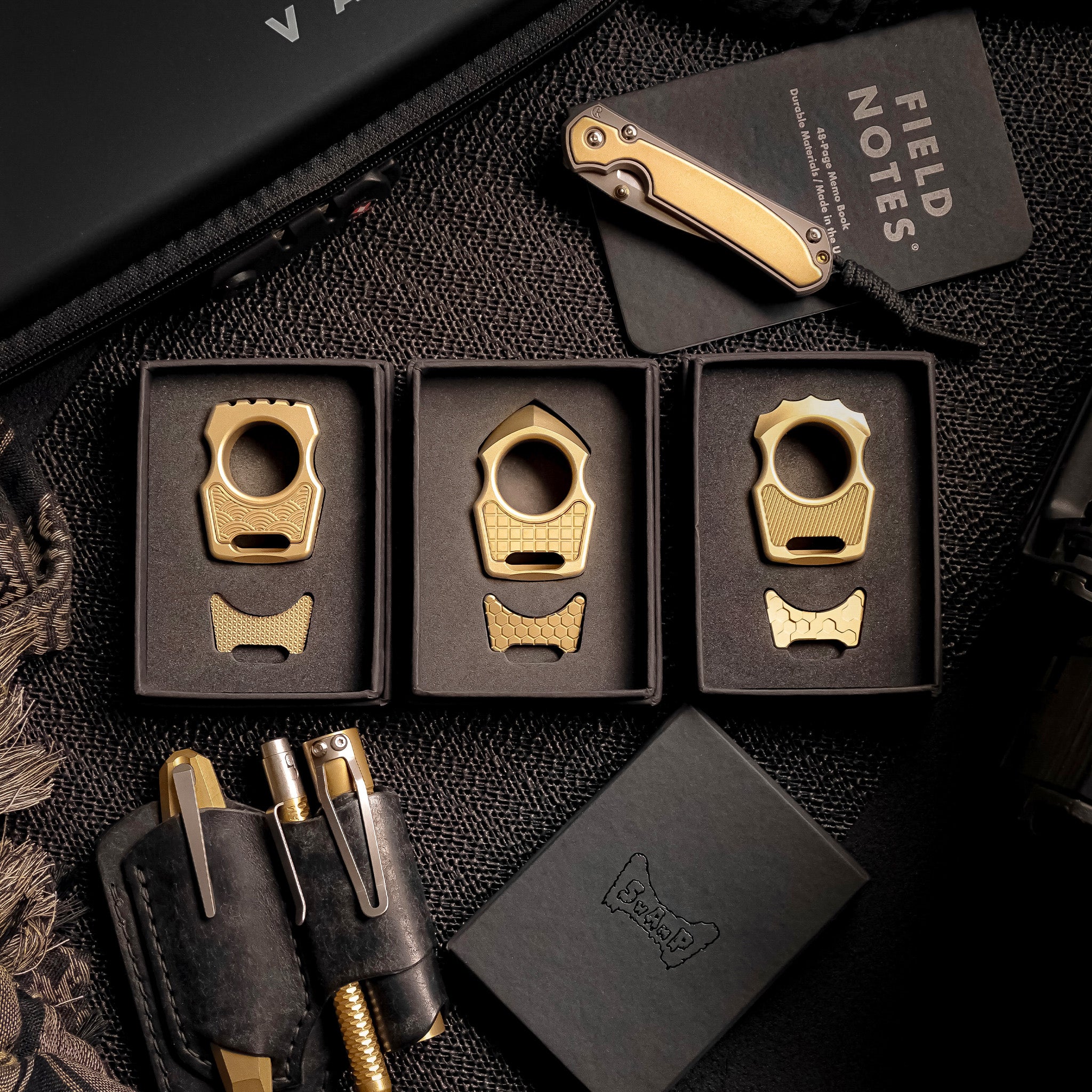 Set of Brass Knuck Edc Swampy Whale & Replaceable Brass Inlay Seigaiha