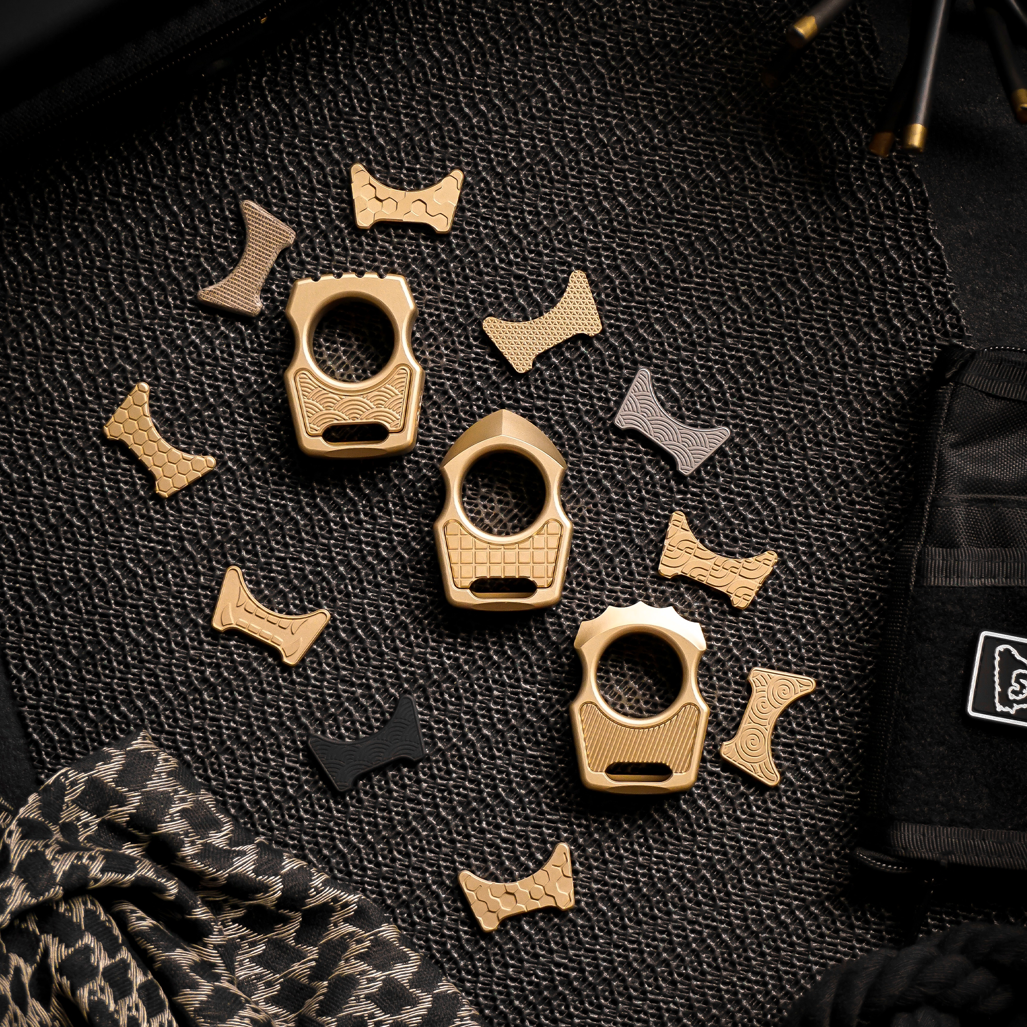 Set of Brass Single Knuckles Swampy Shark & Replaceable Brass Inlay Frag Pattern
