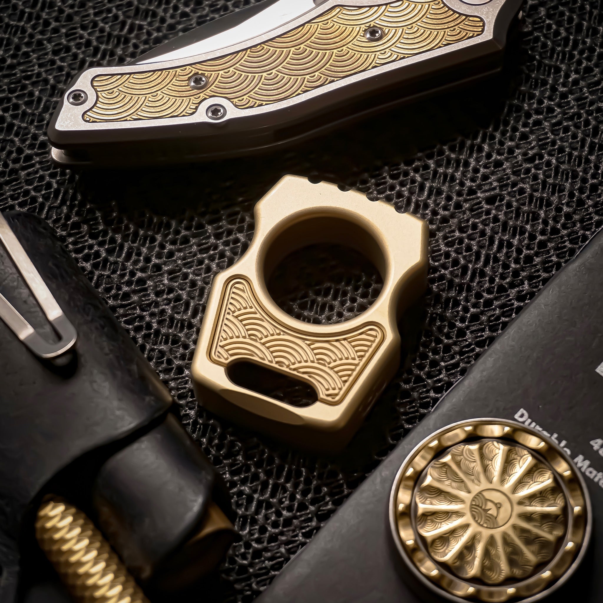 Set of Brass Knuck Edc Swampy Whale & Replaceable Brass Inlay Seigaiha