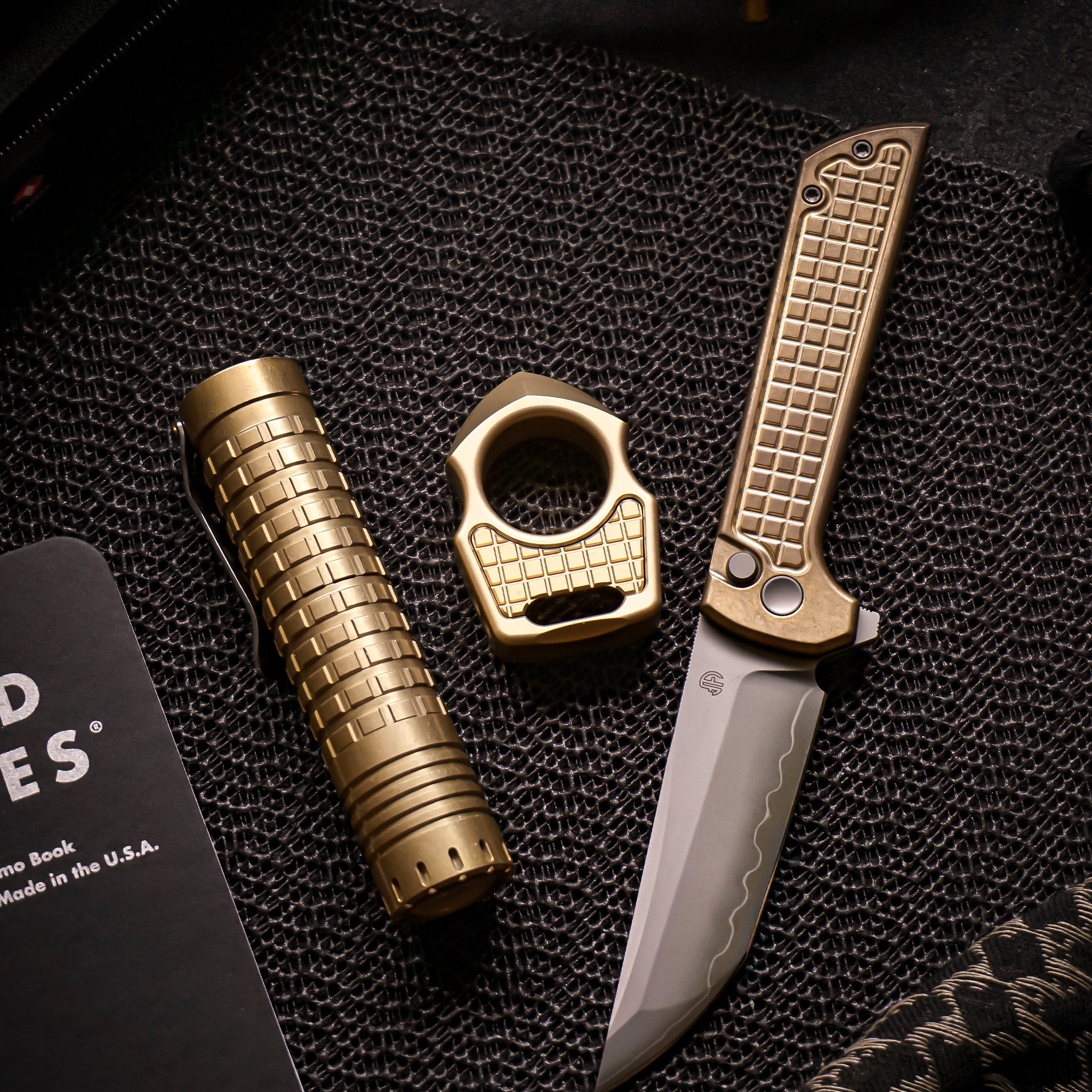 Set of Brass Single Knuckles Swampy Shark & Replaceable Brass Inlay Frag Pattern