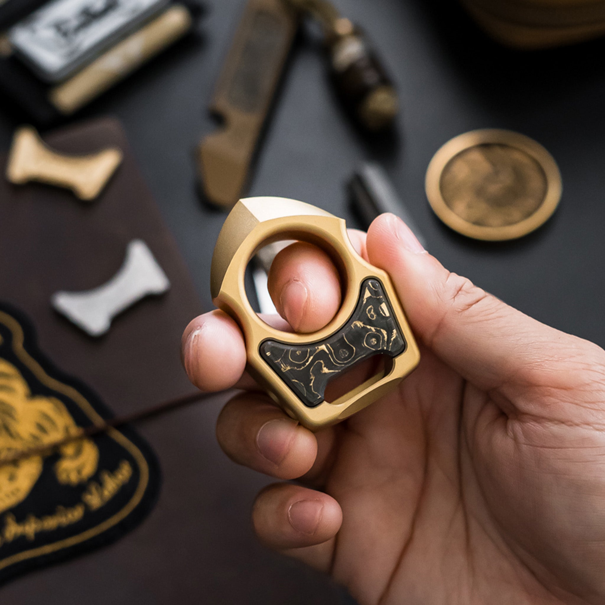 Set of Brass EDC Keychain Swampy Shark & Replaceable Carbon Fiber Gold Camo Inlay