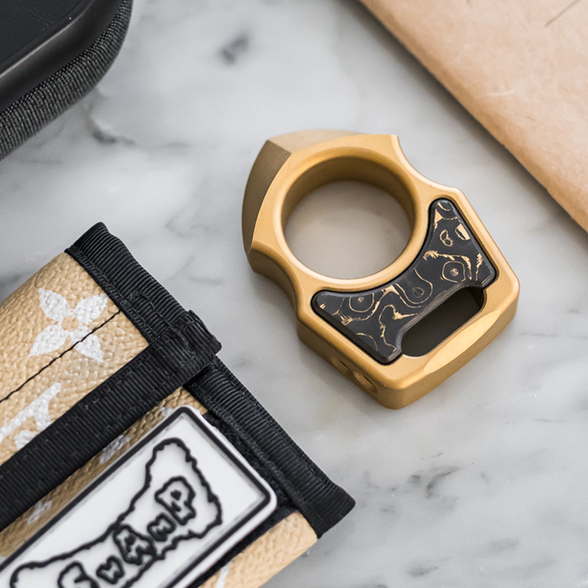 Set of Brass EDC Keychain Swampy Shark & Replaceable Carbon Fiber Gold Camo Inlay
