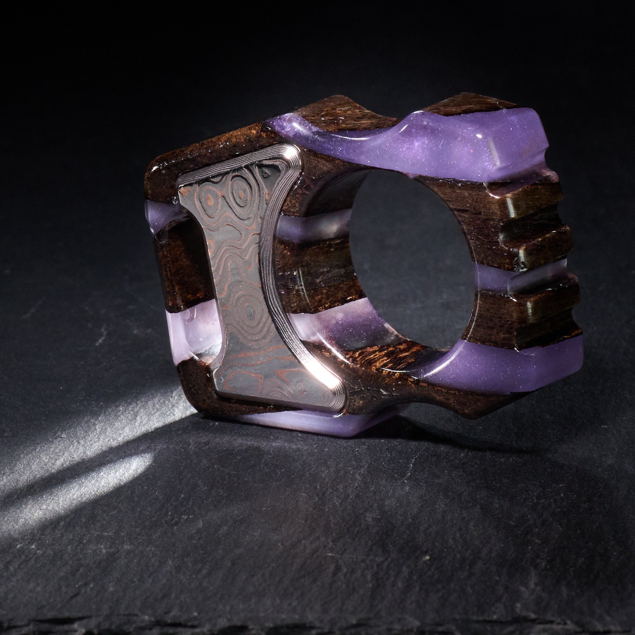 Stabilized Mammoth Bone Unique Keychain Swampy Whale & Inlay CopperMai Damascus Raindrop